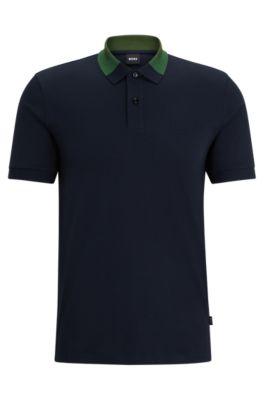 interlock-cotton slim-fit polo shirt with colour-blocked collar- dark blue men's polo shirts