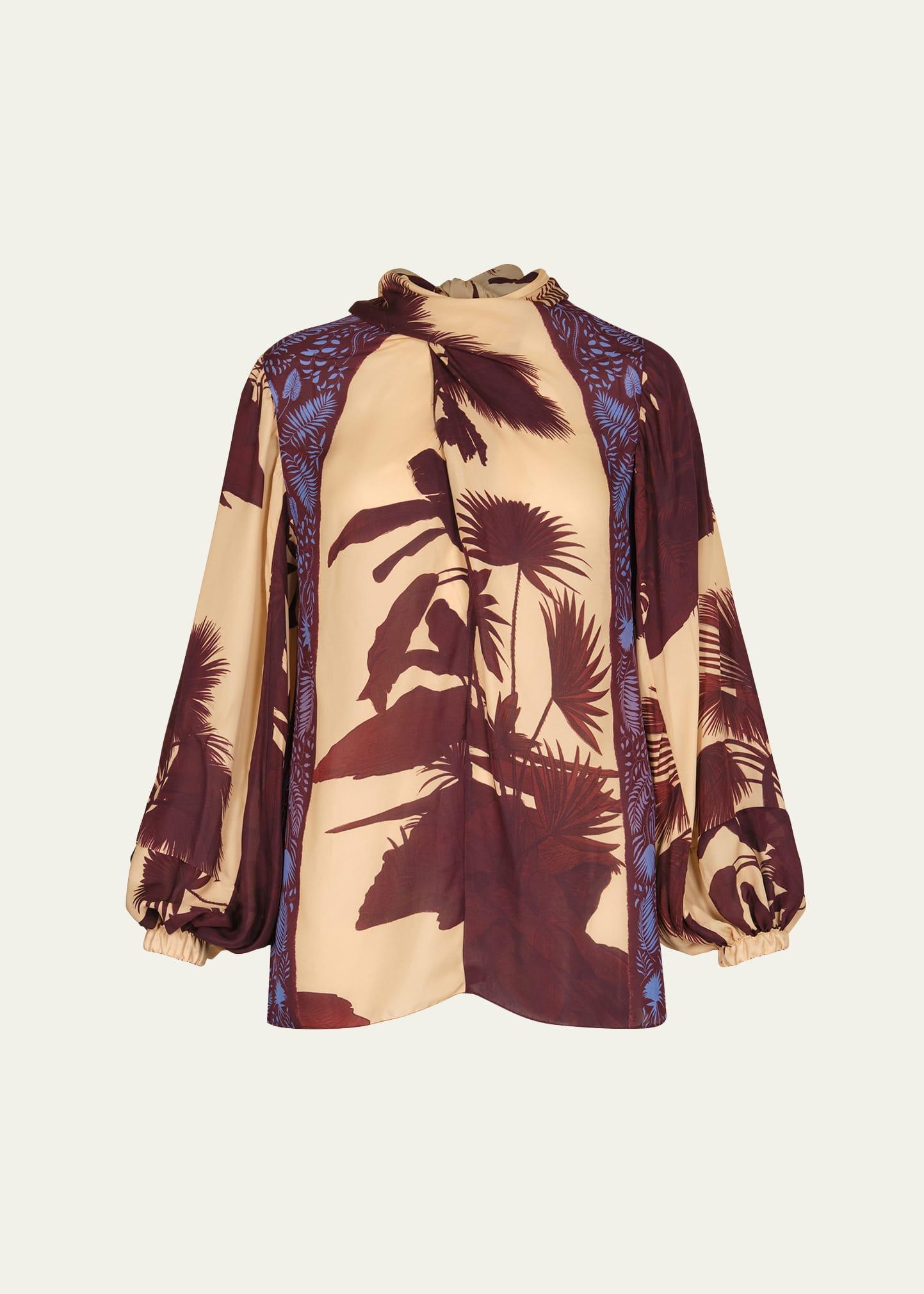 intricate islands cowl printed silk blouse