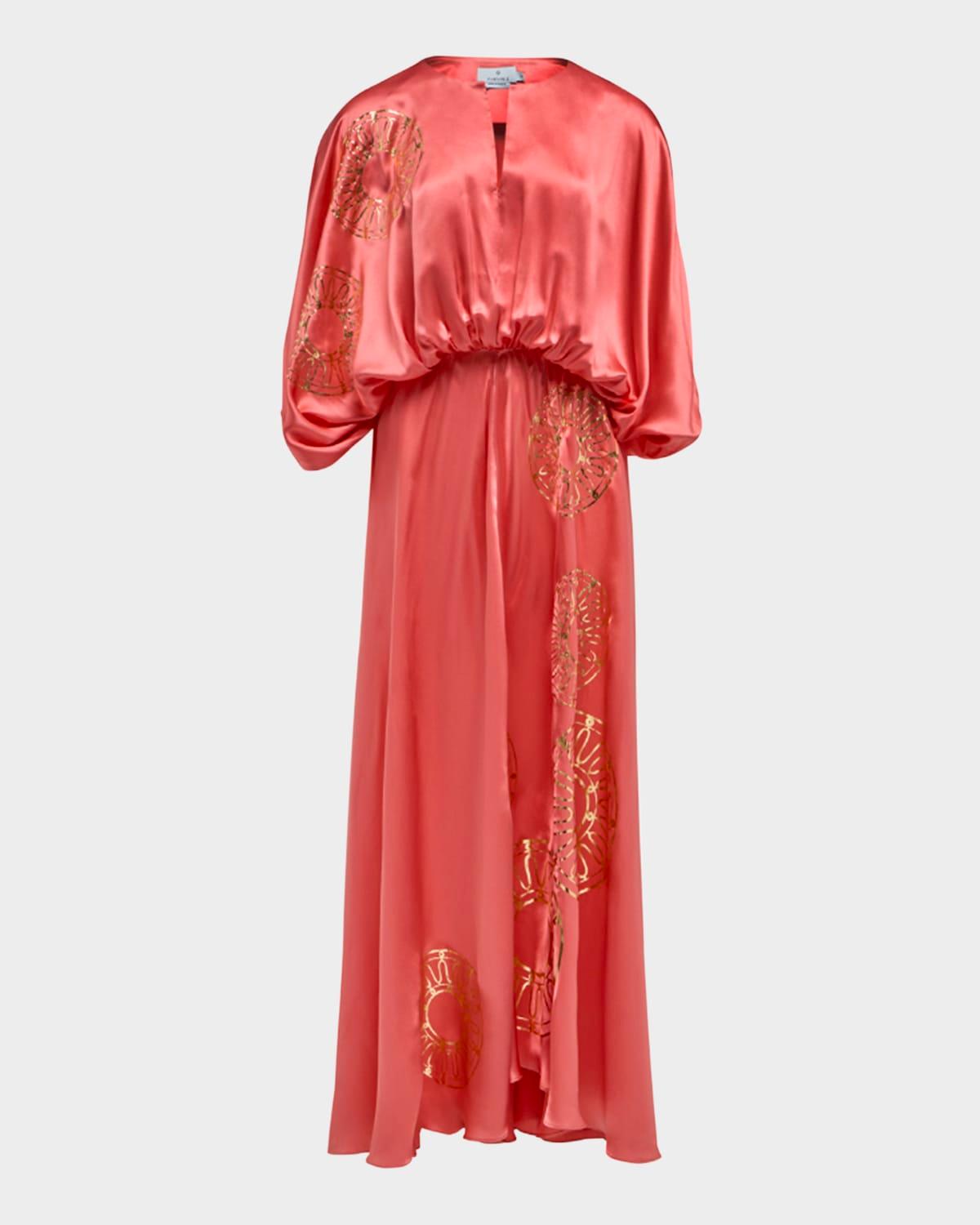 iris metallic-print blouson silk maxi dress