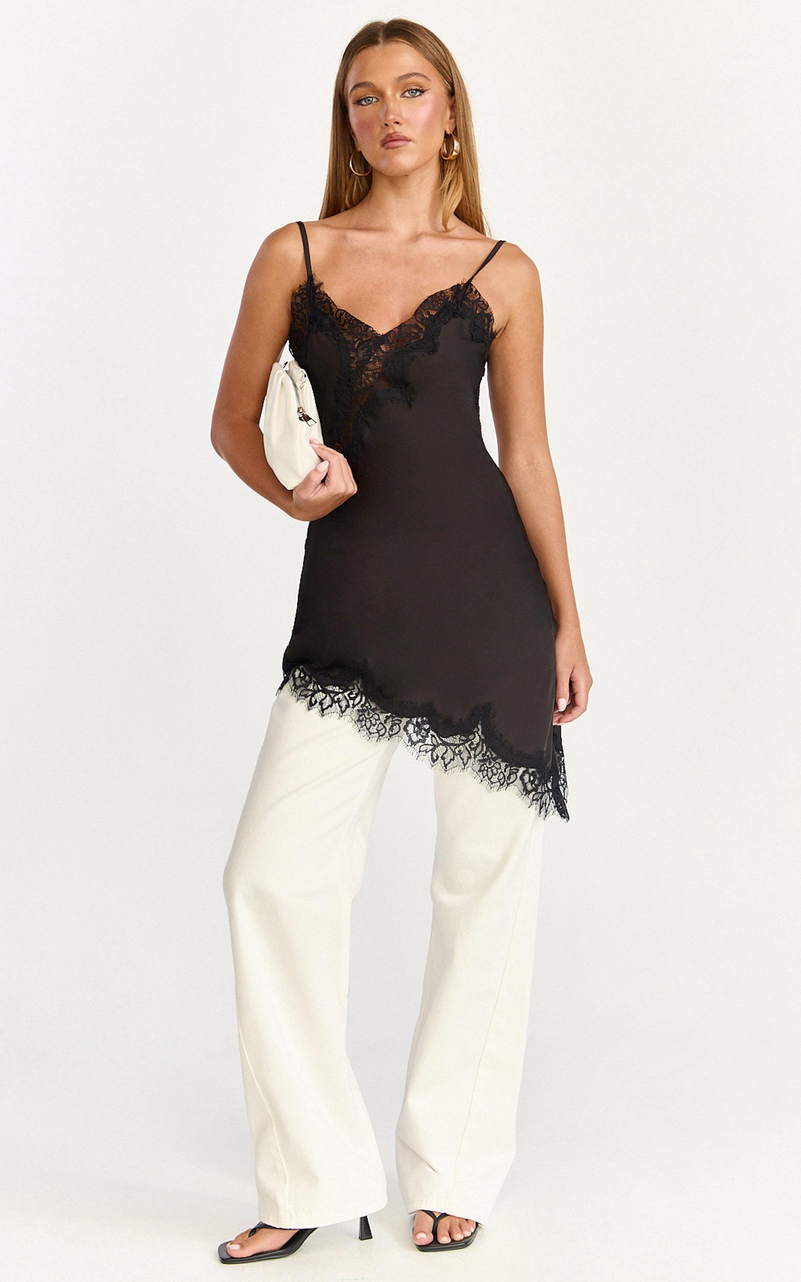 iris mini dress - lace trim asymmetrical camisole dress in black