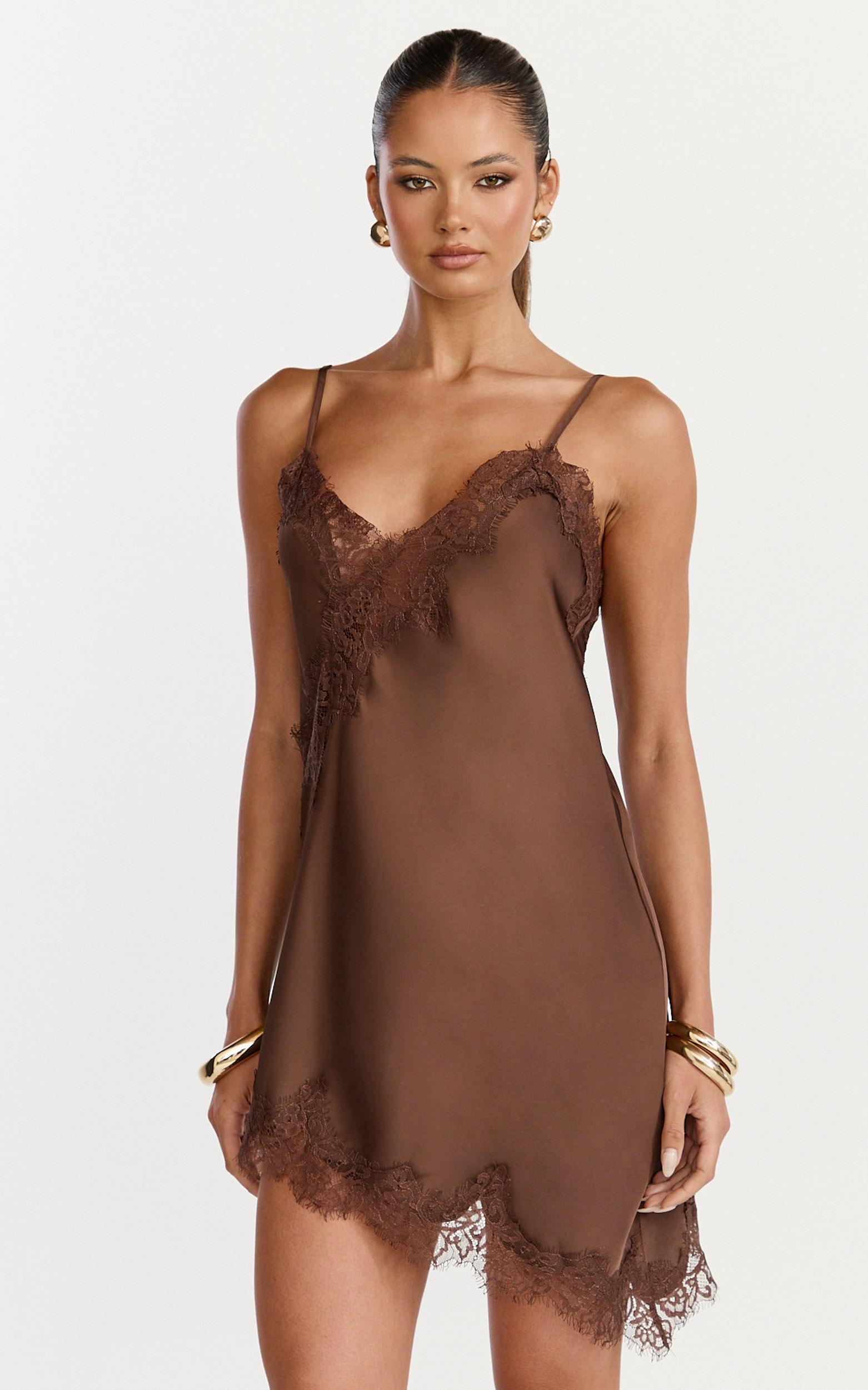 iris mini dress - lace trim asymmetrical camisole dress in chocolate