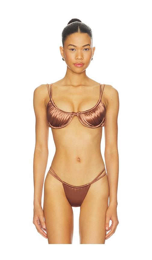 isa boulder twisted bikini top in metallic bronze.