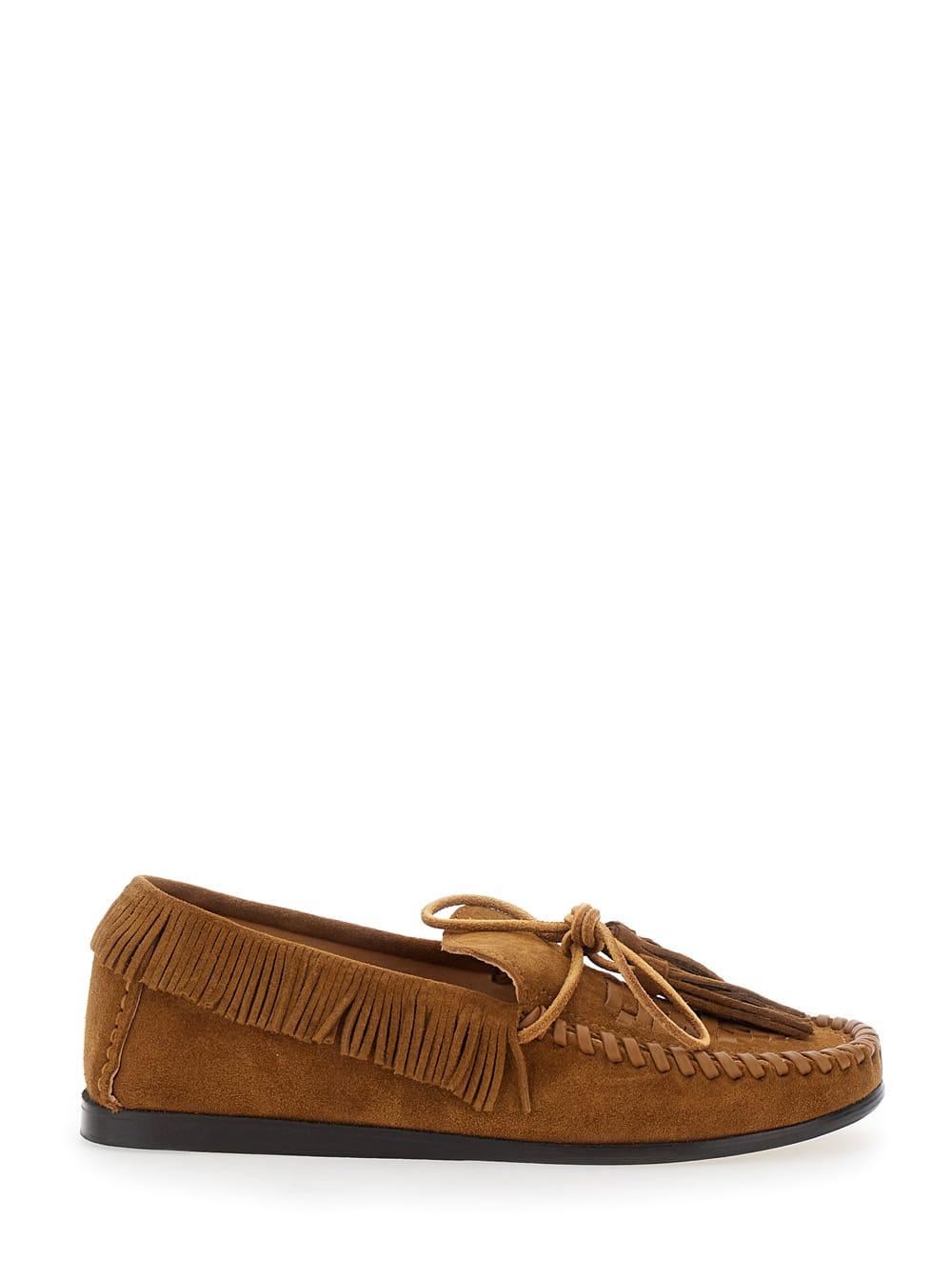 isabel marant fitza brown loafers with fringed details and front bow in suede woman