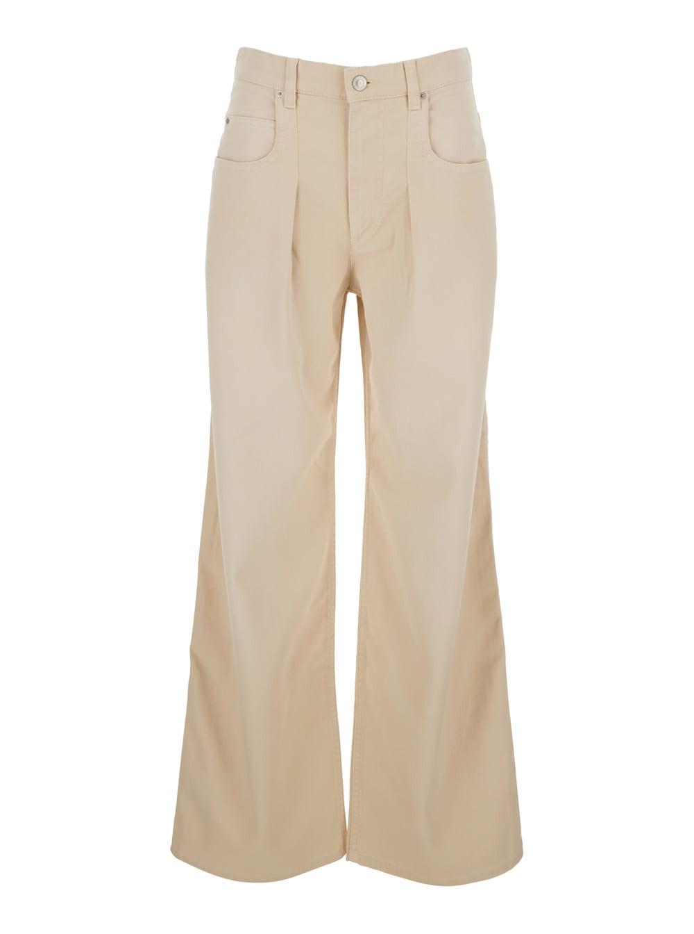 isabel marant jeans rodayna with logo patch on the back and wide leg in beige denim for women