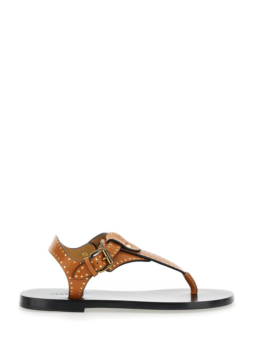 isabel marant jooni brown sandals with buckle closure and metal studs in leather woman