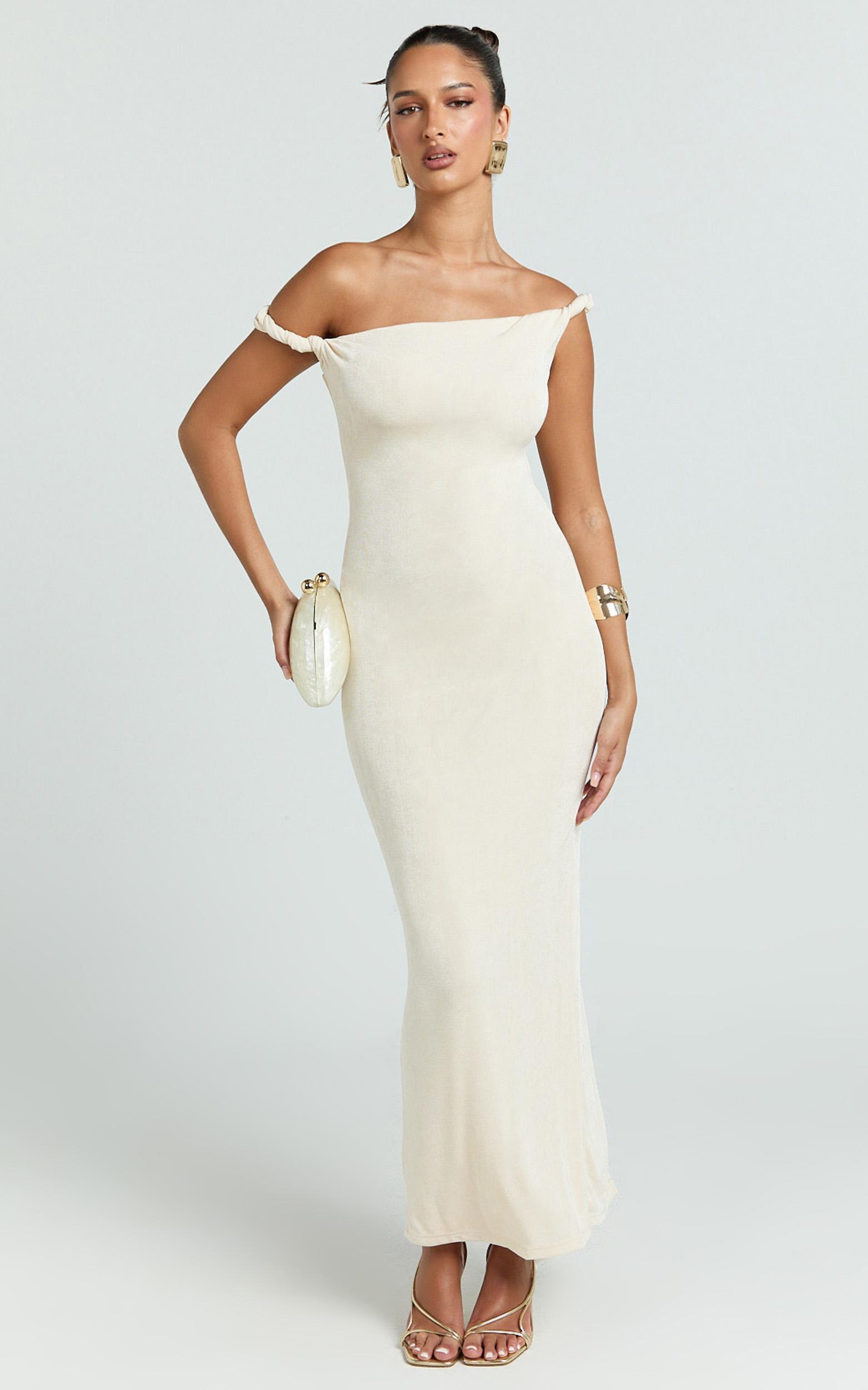 isabel midi dress - twist off shoulder bodycon dress in cream