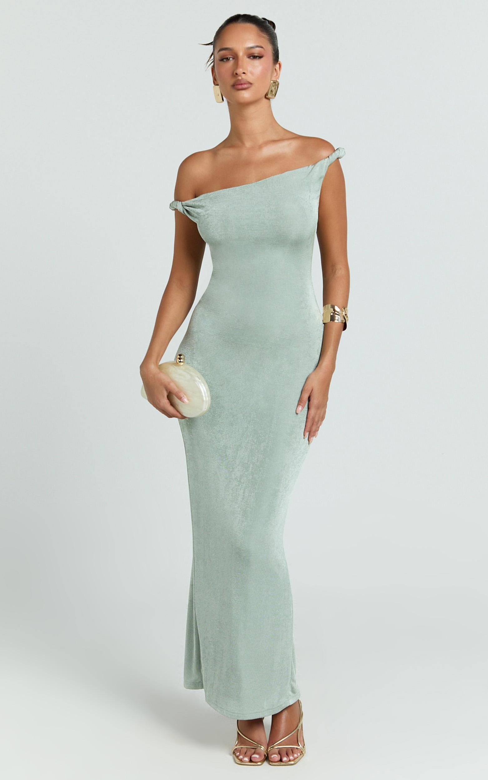 isabel midi dress - twist off shoulder bodycon dress in sage