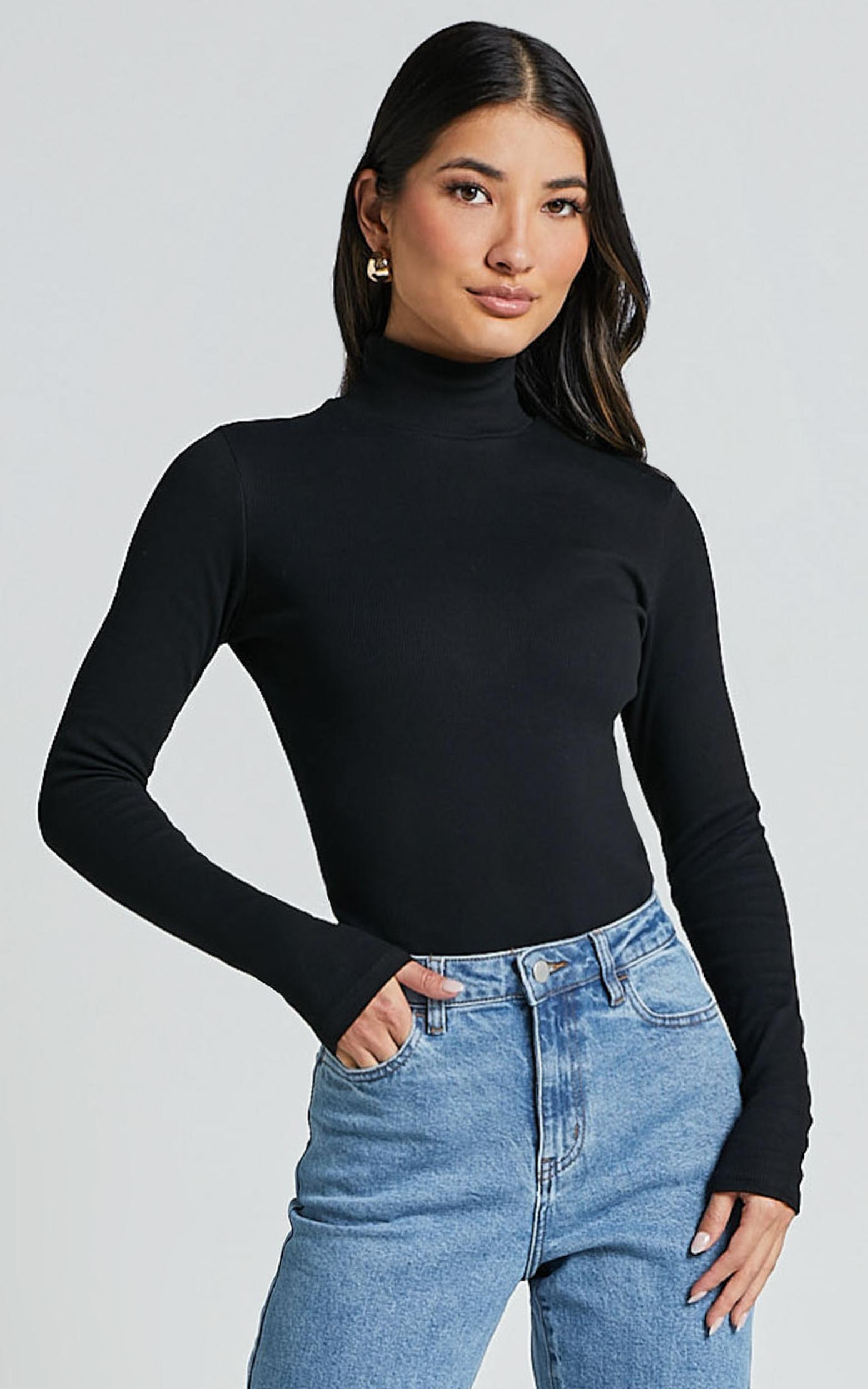 isabela bodysuit - high neck long sleeve ribbed bodysuit in black