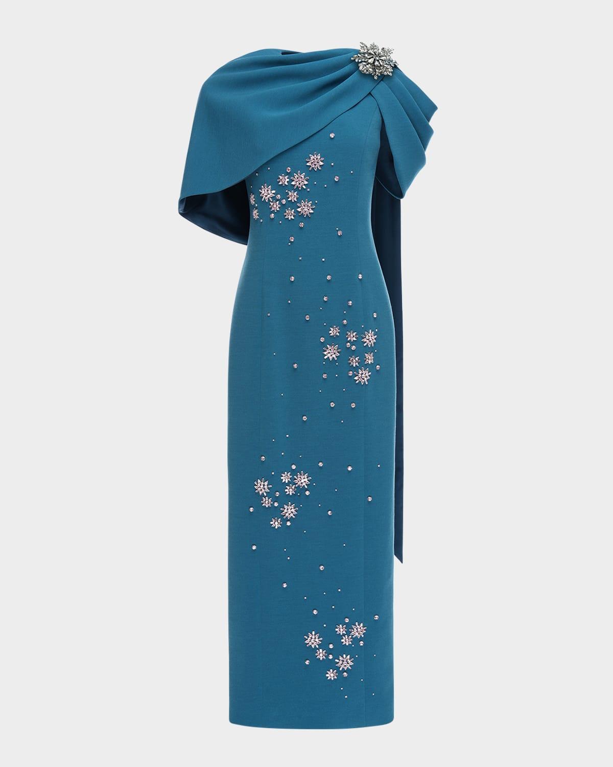 isolde crystal draped cape column gown
