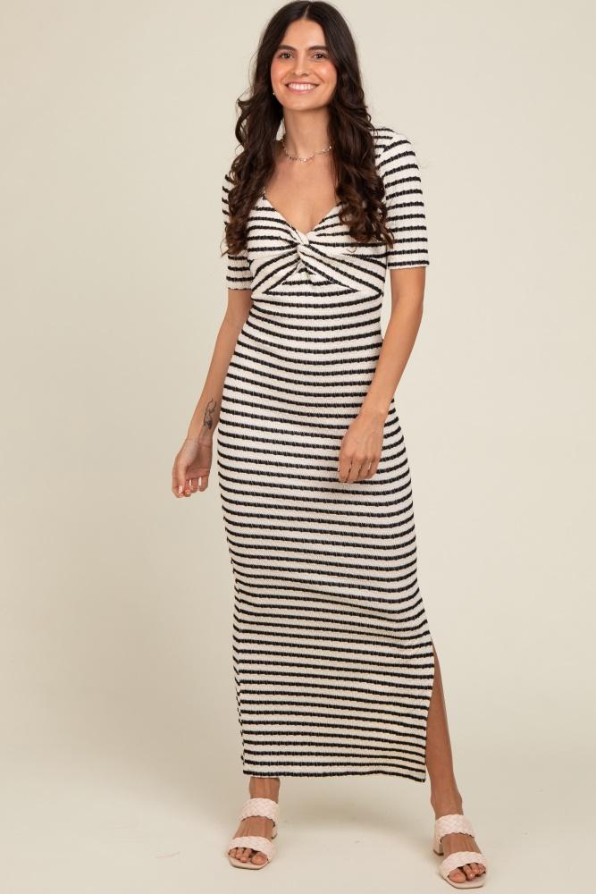 ivory black striped knit short sleeve maxi dress
