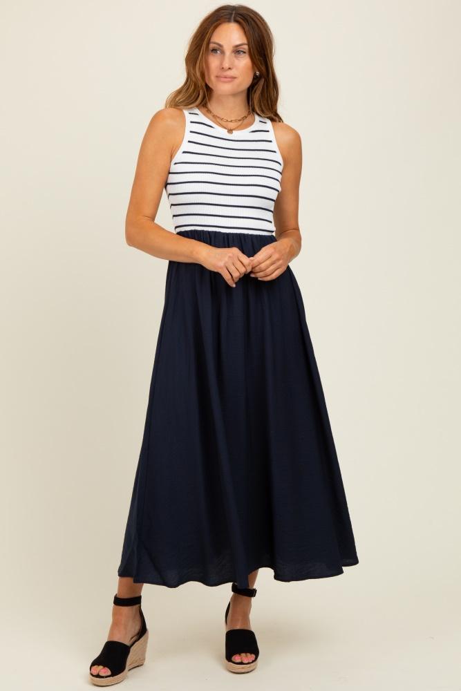 ivory contrast striped knit sleeveless midi dress