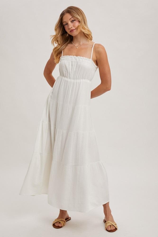 ivory crochet trim tiered maxi dress