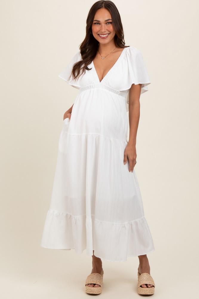 ivory deep v-neck flutter sleeve tiered maternity midi dress