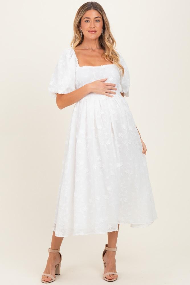 ivory embroidered floral puff sleeve maternity midi dress