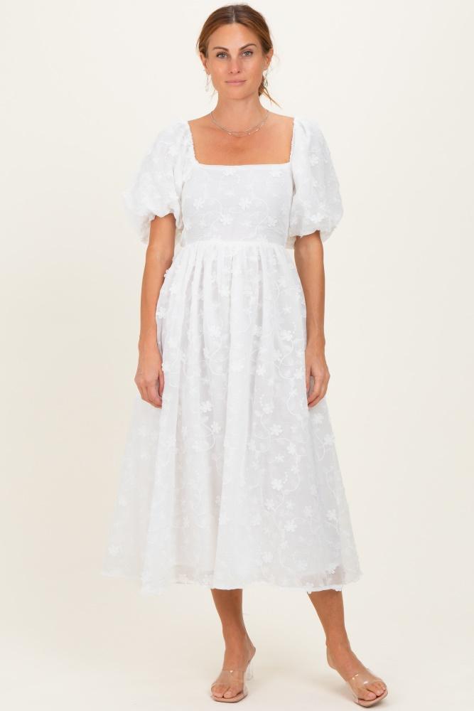 ivory embroidered floral puff sleeve midi dress