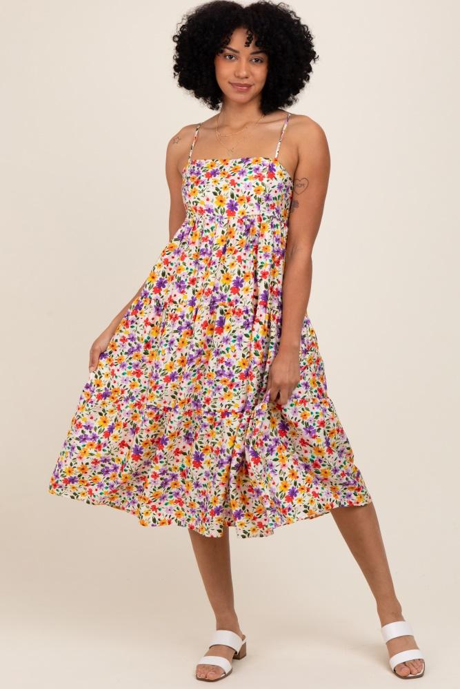 ivory floral cami strap midi dress