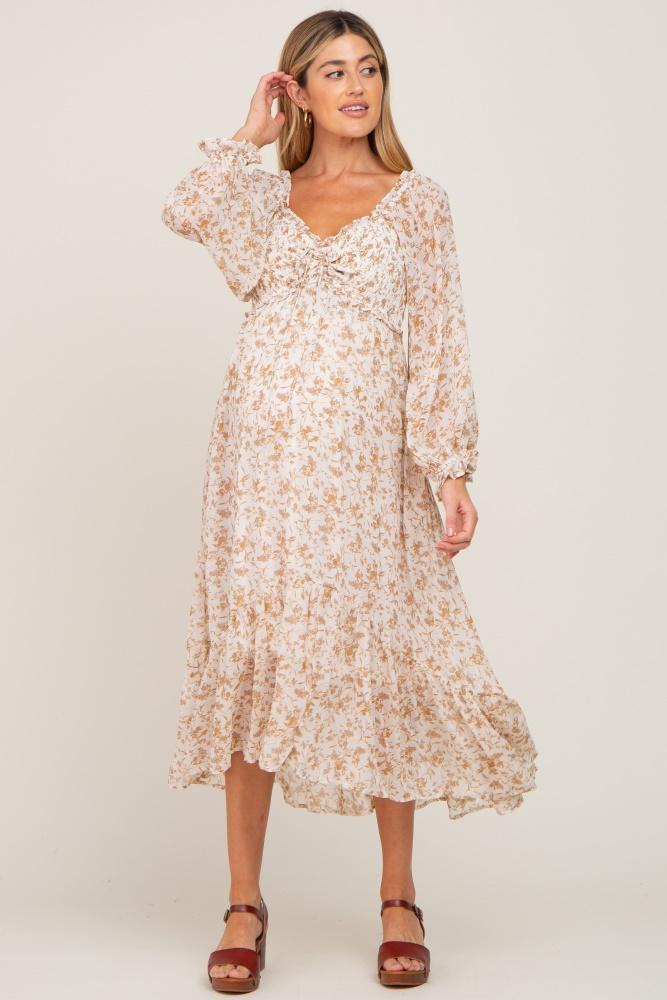 ivory floral chiffon ruffle maternity maxi dress
