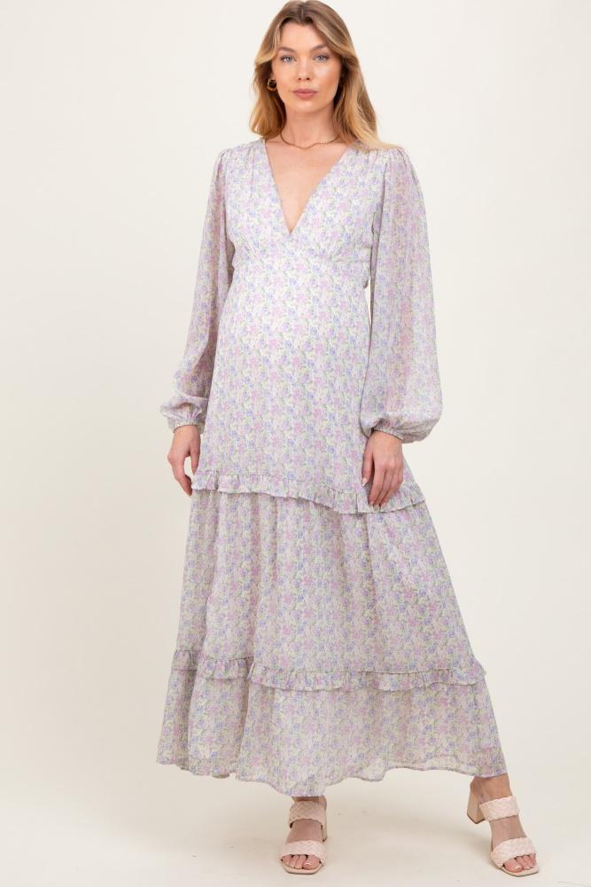 ivory floral chiffon v-neck ruffle tiered maternity maxi dress