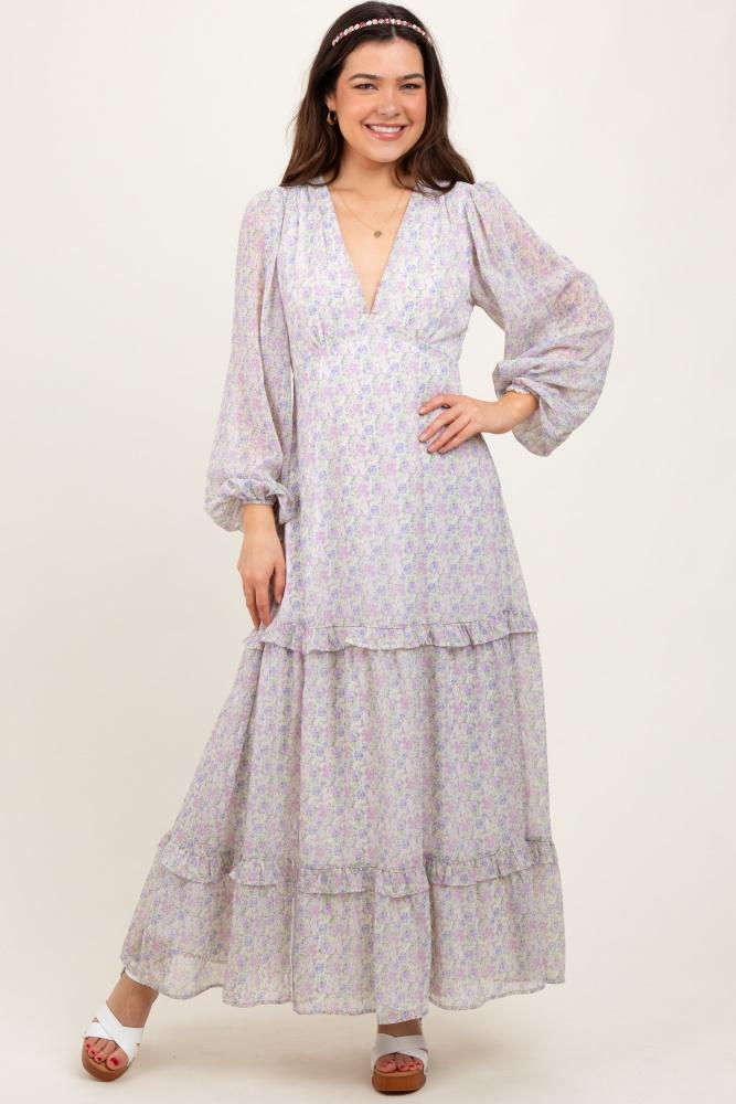 ivory floral chiffon v-neck ruffle tiered maxi dress