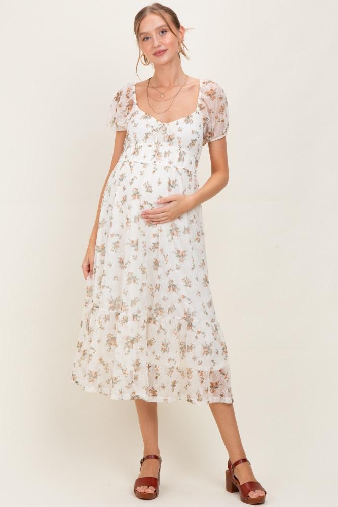 ivory floral lace overlay puff sleeve maternity midi dress