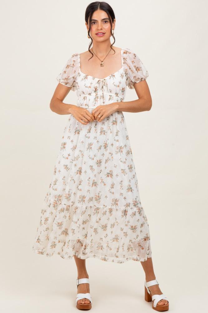 ivory floral lace overlay puff sleeve midi dress