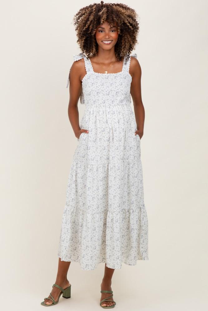 ivory floral lace trim shoulder tie maternity maxi dress
