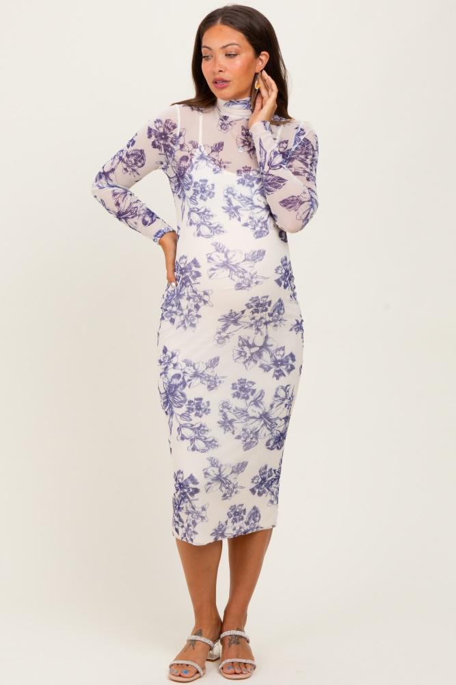 ivory floral mesh mock neck long sleeve maternity midi dress