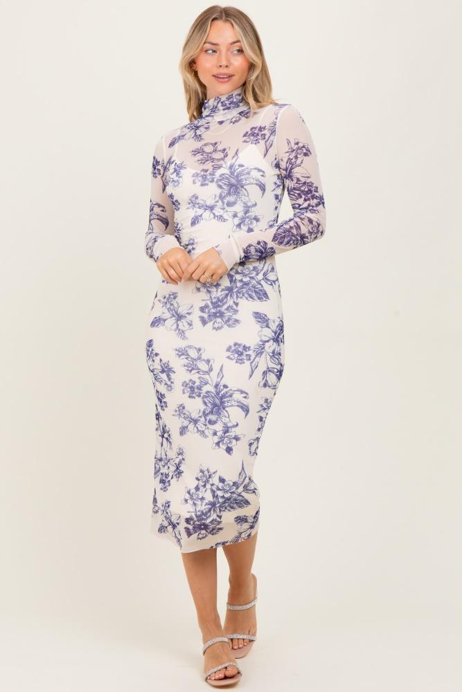 ivory floral mesh mock neck long sleeve midi dress