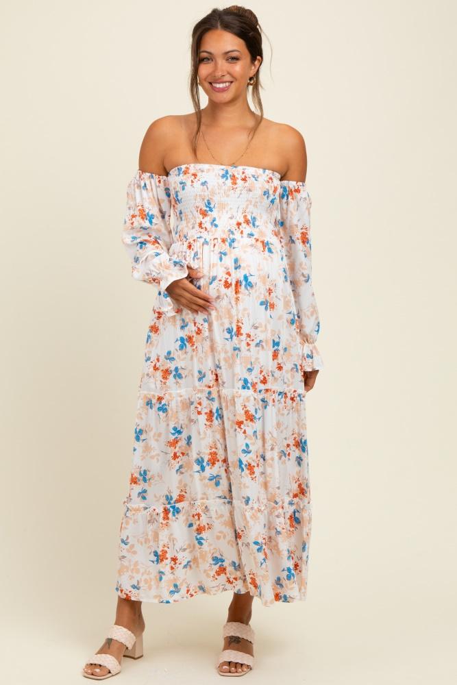 ivory floral off shoulder long sleeve maternity maxi dress