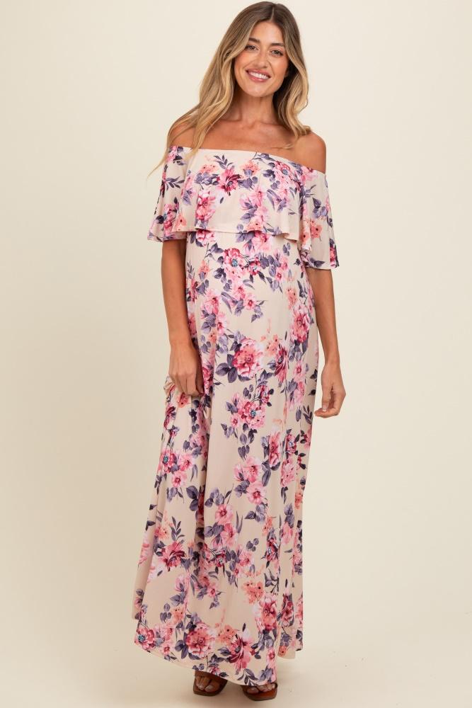 ivory floral off shoulder maternity maxi dress