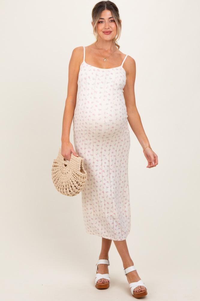 ivory floral pointelle knit maternity midi dress