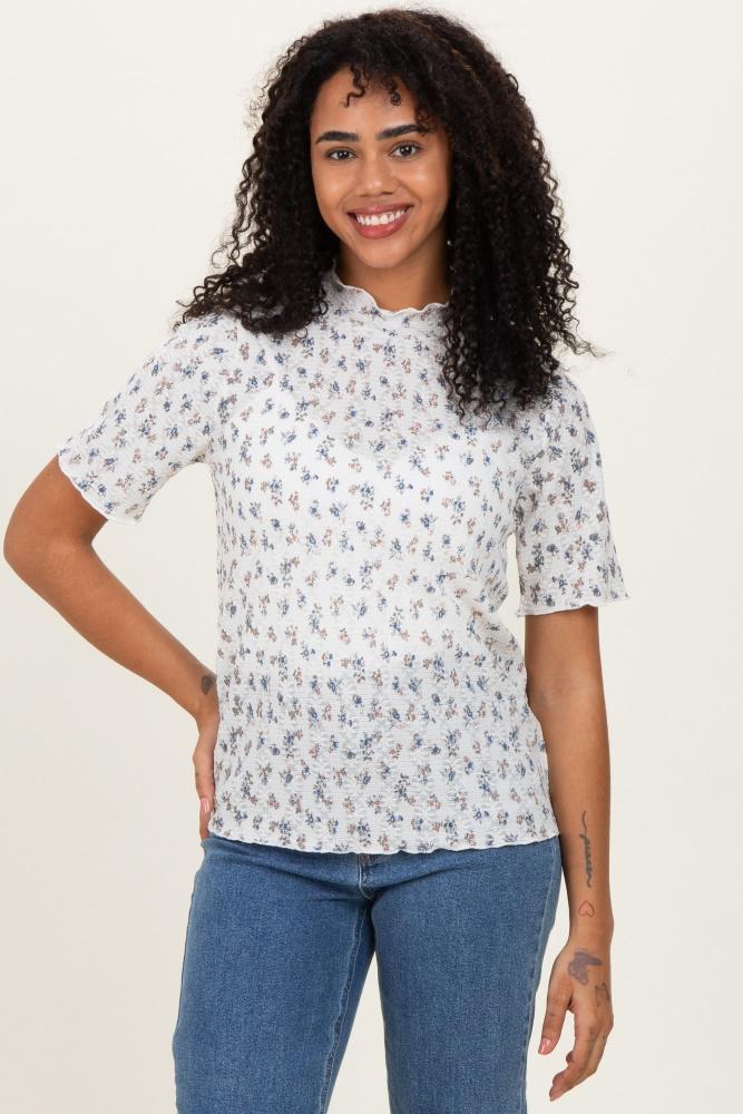 ivory floral ruffle trim short sleeve top