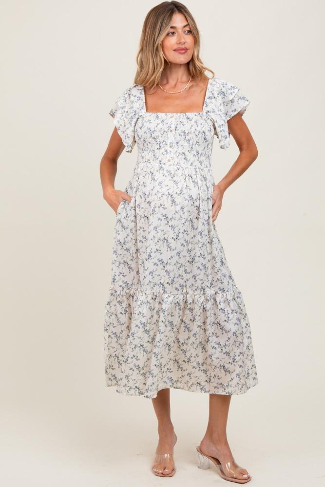 ivory floral smocked flutter sleeve maternity midi dress