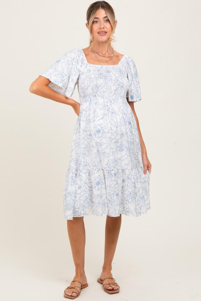 ivory floral smocked flutter sleeve maternity midi dress