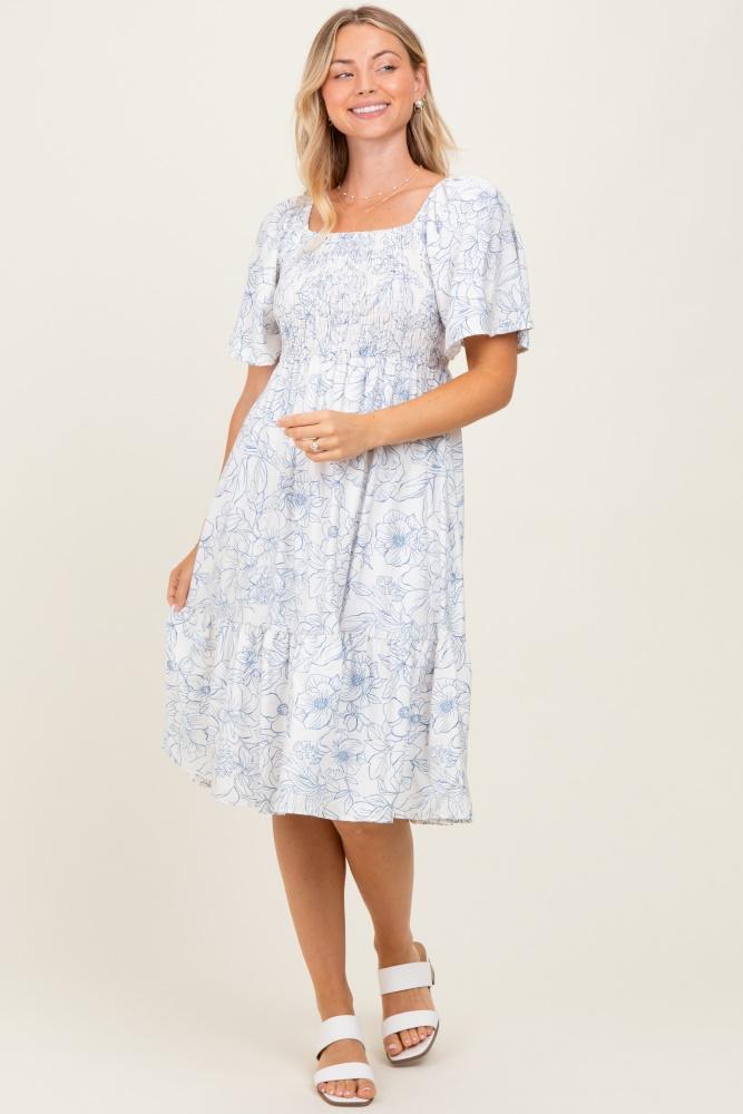 ivory floral smocked flutter sleeve midi dress