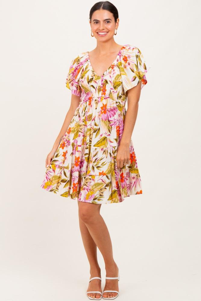 ivory floral smocked front tiered dress