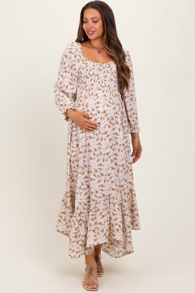 ivory floral smocked handkerchief hem maternity maxi dress