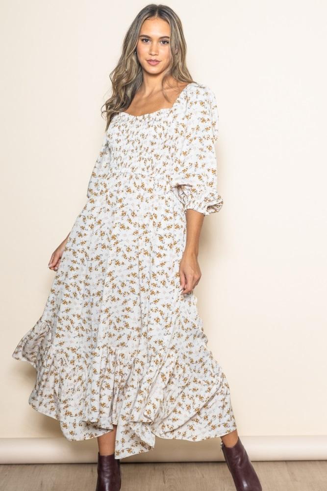 ivory floral smocked handkerchief hem maxi dress