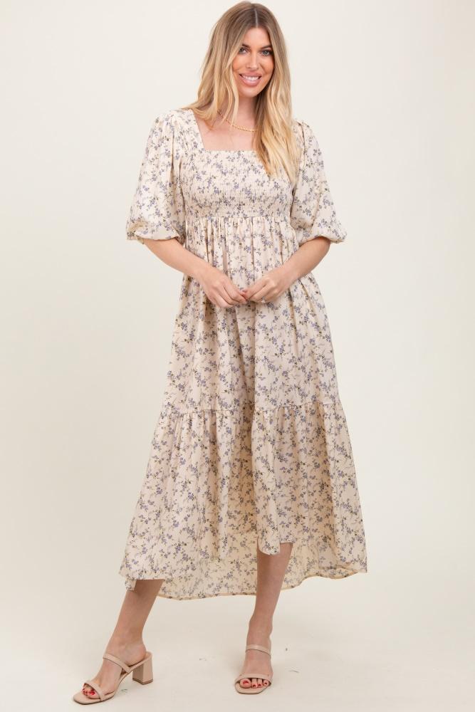 ivory floral smocked hi-low puff sleeve maxi dress