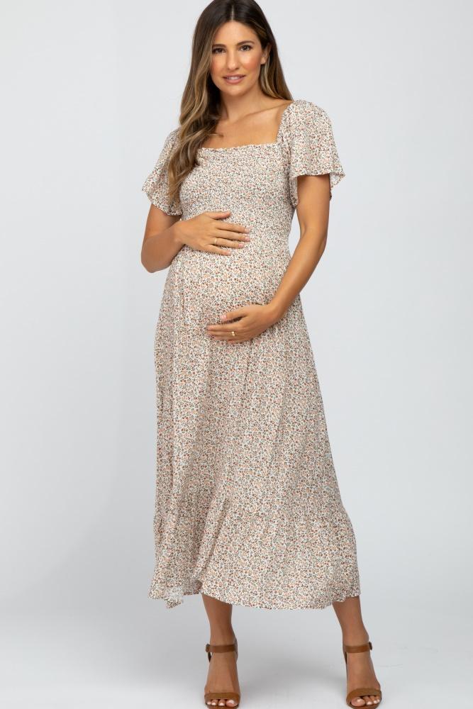 ivory floral smocked maternity maxi dress