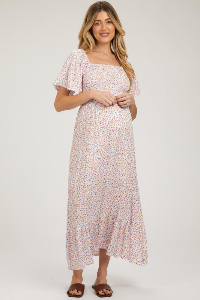 ivory floral smocked maternity maxi dress