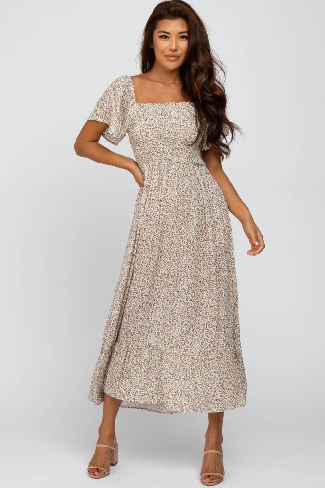 ivory floral smocked maxi dress