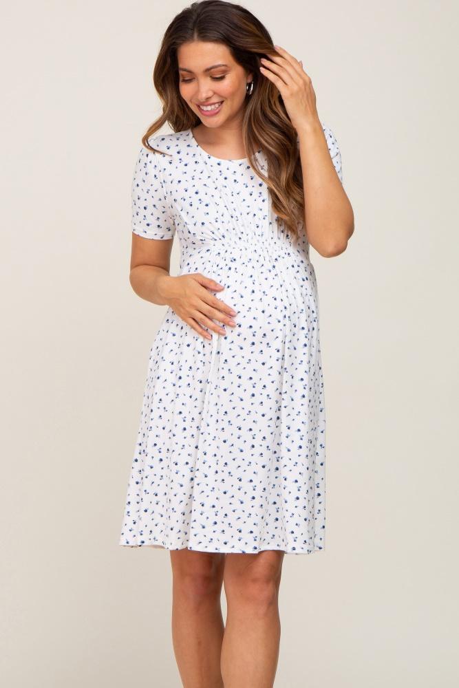 ivory floral smocked short sleeve maternity dress