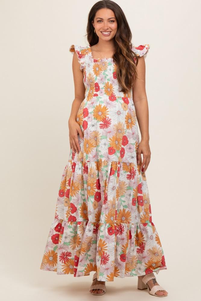 ivory floral smocked tiered maternity maxi dress