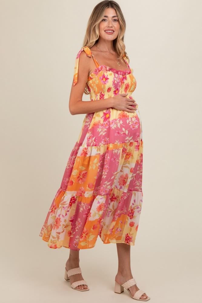 ivory floral smocked tiered maternity midi dress
