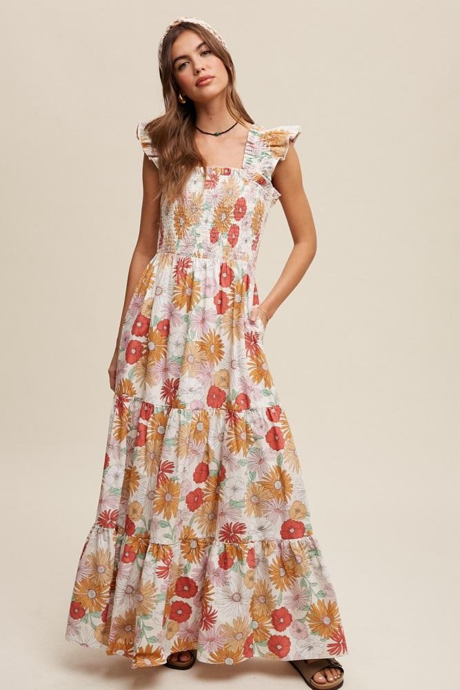 ivory floral smocked tiered maxi dress