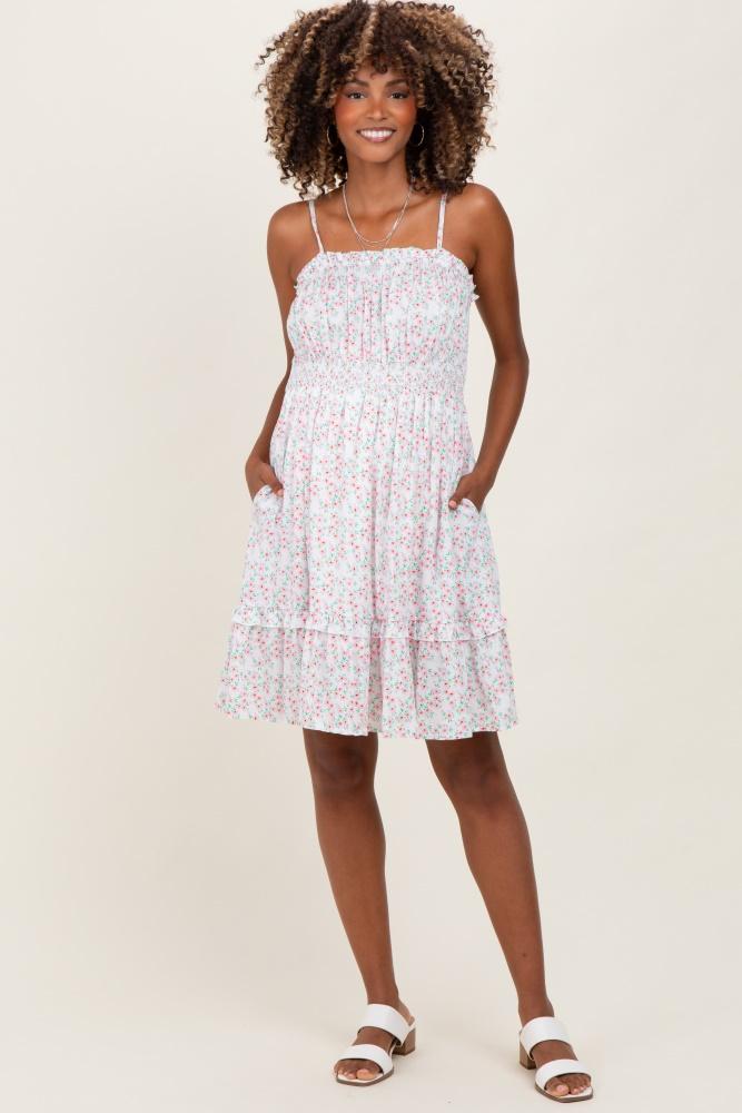 ivory floral smocked waist ruffle accent maternity dress