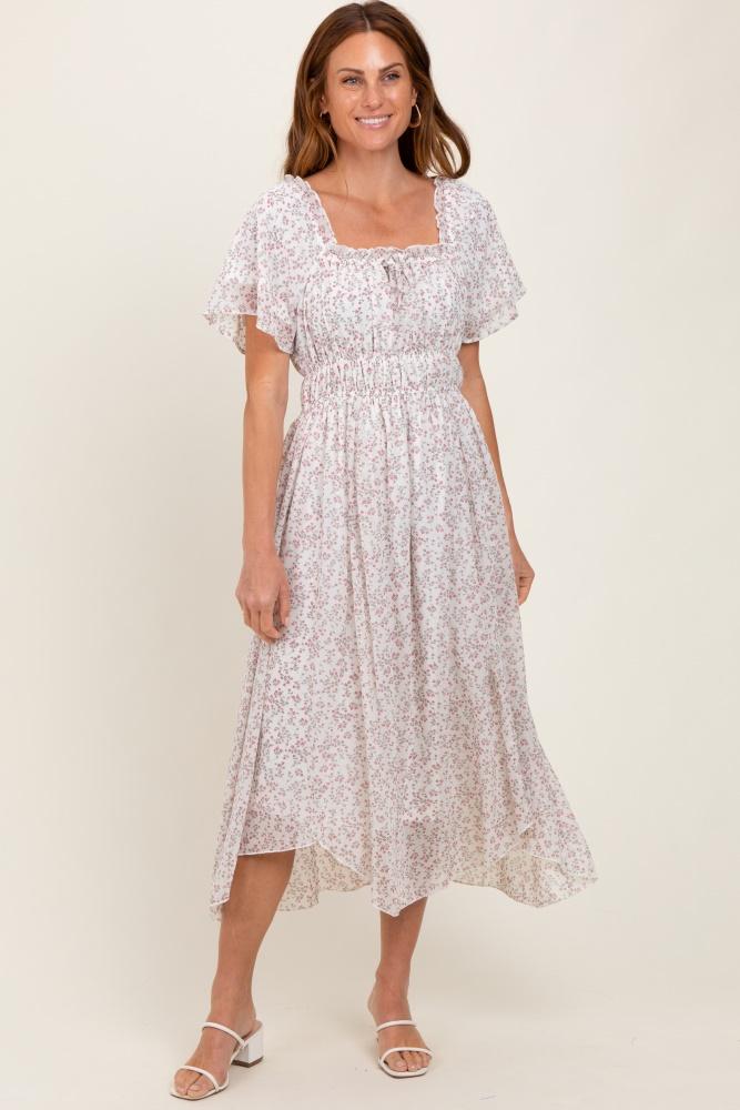 ivory floral square neck front tie midi dress
