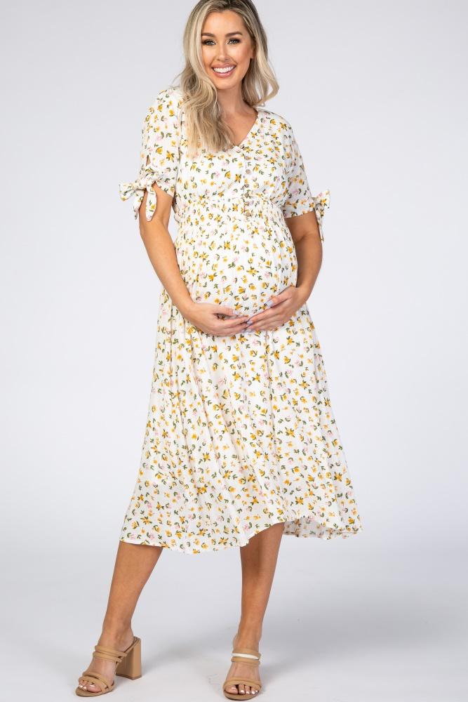 ivory floral tie sleeve maternity midi dress