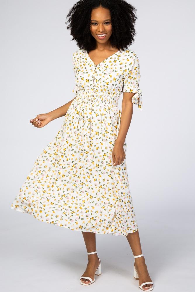 ivory floral tie sleeve midi dress
